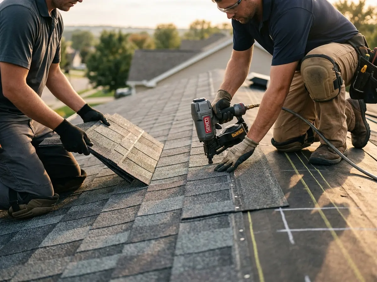 Professional roofer working on a residential roof in Edgemere